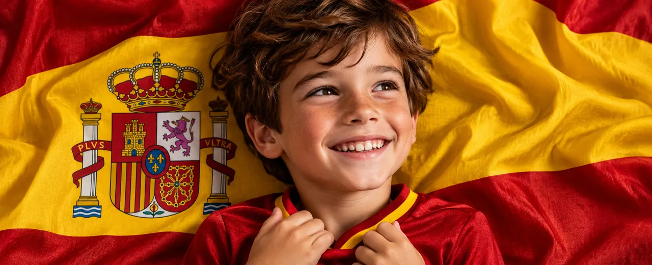 Niño sonriente tumbado sobre una bandera de España con el escudo nacional